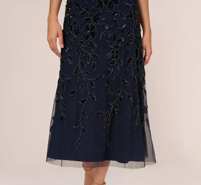 Adrianna Papell Wedding Guest Dresses Floral Beaded Ankle Length Sleeveless Gown In Navy 8211 Women