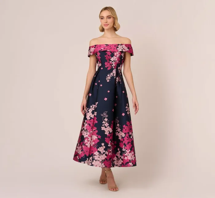 Adrianna Papell Wedding Guest Dresses Floral Jacquard Ankle Length Dress With Off The Shoulder Neckline In Navy Pink Multi 8211 Women Adrianna Papell Wedding Guest Dresses Floral Jacquard Ankle Length Dress With Off The Shoulder Neckline In Navy Pink Multi 8211 Women