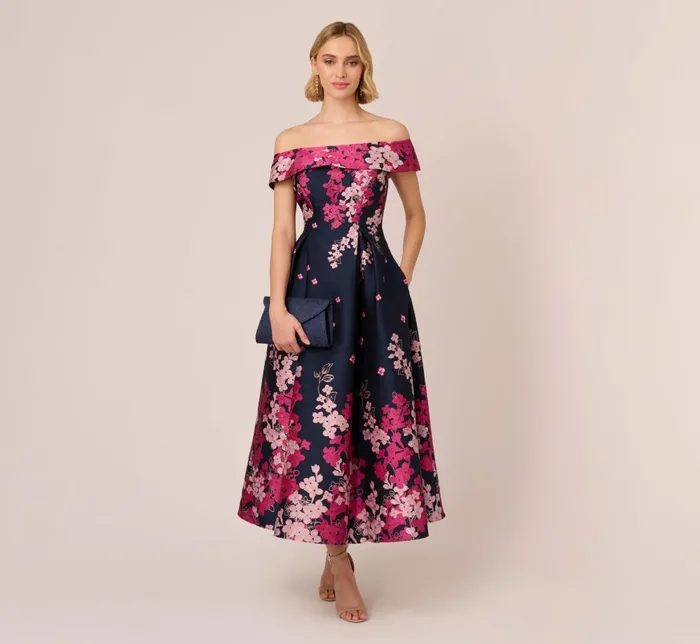 Adrianna Papell Wedding Guest Dresses Floral Jacquard Ankle Length Dress With Off The Shoulder Neckline In Navy Pink Multi 8211 Women