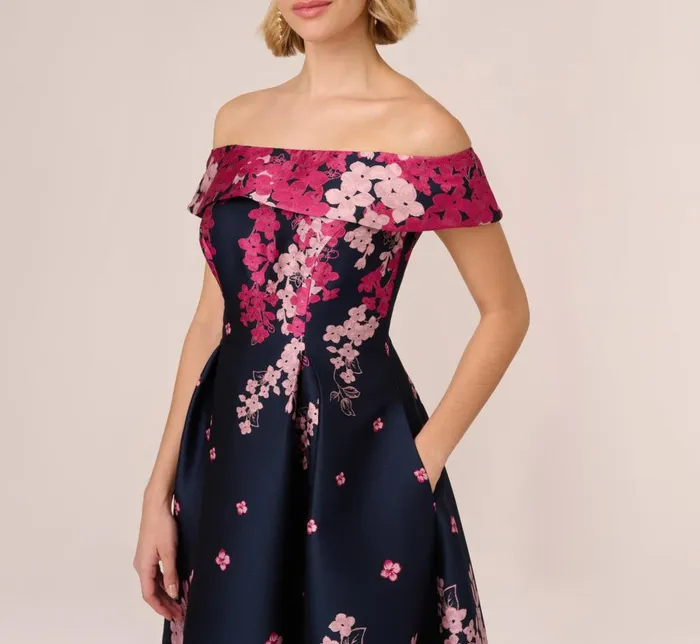 Adrianna Papell Wedding Guest Dresses Floral Jacquard Ankle Length Dress With Off The Shoulder Neckline In Navy Pink Multi 8211 Women