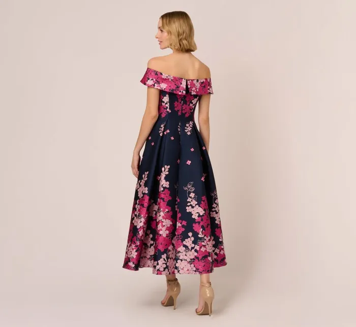 Adrianna Papell Wedding Guest Dresses Floral Jacquard Ankle Length Dress With Off The Shoulder Neckline In Navy Pink Multi 8211 Women