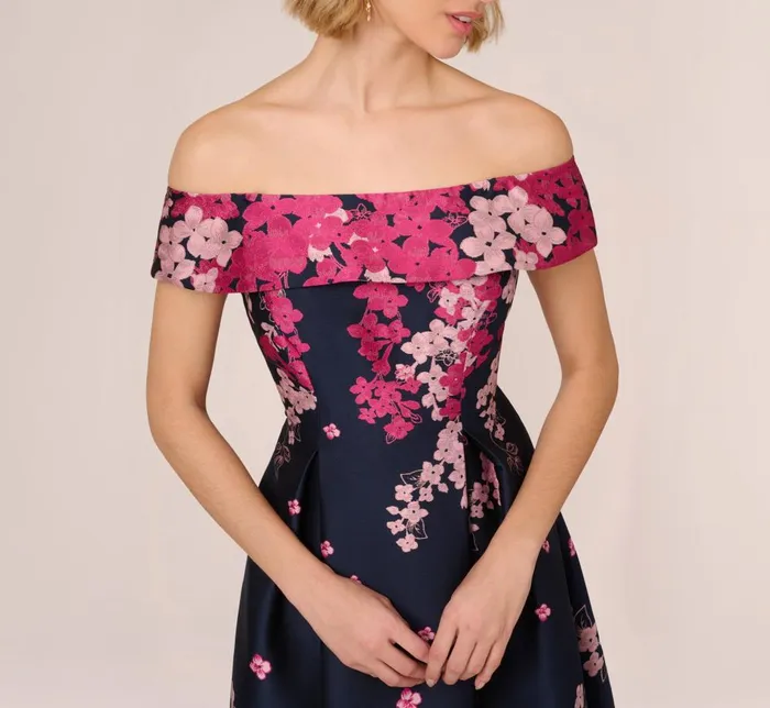 Adrianna Papell Wedding Guest Dresses Floral Jacquard Ankle Length Dress With Off The Shoulder Neckline In Navy Pink Multi 8211 Women