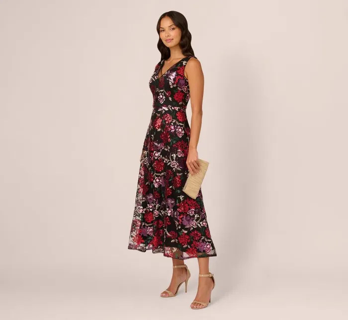 Adrianna Papell Wedding Guest Dresses Floral Sequin Ankle Dress In Black Multi 8211 Women