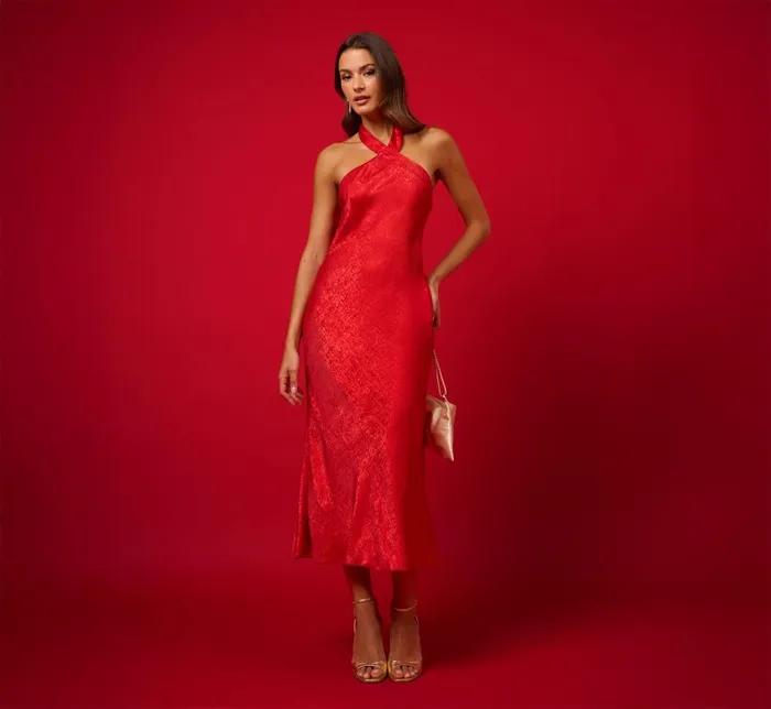 Adrianna Papell Wedding Guest Dresses Foil Woven Halter Midi Dress In Red 8211 Women