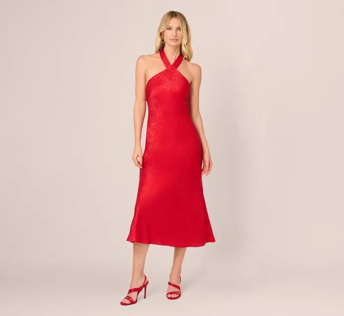 Adrianna Papell Wedding Guest Dresses Foil Woven Halter Midi Dress In Red 8211 Women