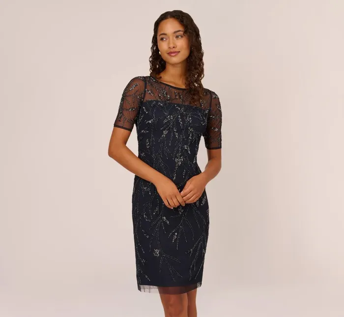 Adrianna Papell Wedding Guest Dresses HandBeaded Cocktail Dress In Midnight 8211 Women