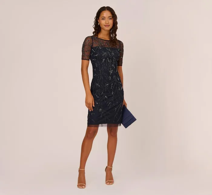 Adrianna Papell Wedding Guest Dresses HandBeaded Cocktail Dress In Midnight 8211 Women
