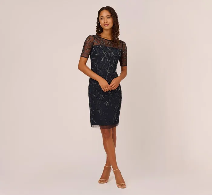 Adrianna Papell Wedding Guest Dresses HandBeaded Cocktail Dress In Midnight 8211 Women