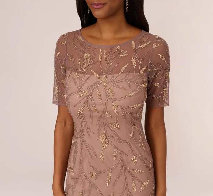 Adrianna Papell Wedding Guest Dresses HandBeaded Cocktail Dress In Stone 8211 Women