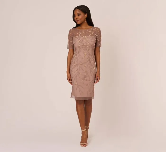 Adrianna Papell Wedding Guest Dresses HandBeaded Cocktail Dress In Stone 8211 Women