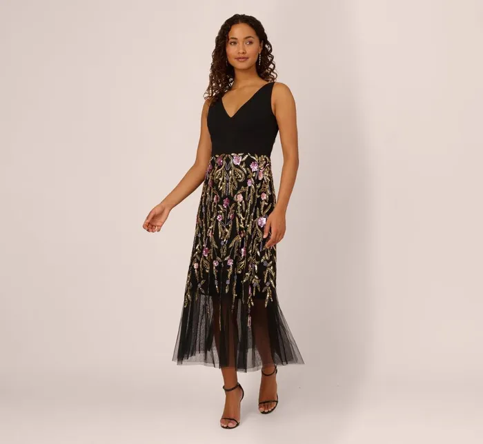Adrianna Papell Wedding Guest Dresses Sleeveless Crepe Gown With Floral Beaded Skirt In Black Multi 8211 Women Adrianna Papell Wedding Guest Dresses Sleeveless Crepe Gown With Floral Beaded Skirt In Black Multi 8211 Women