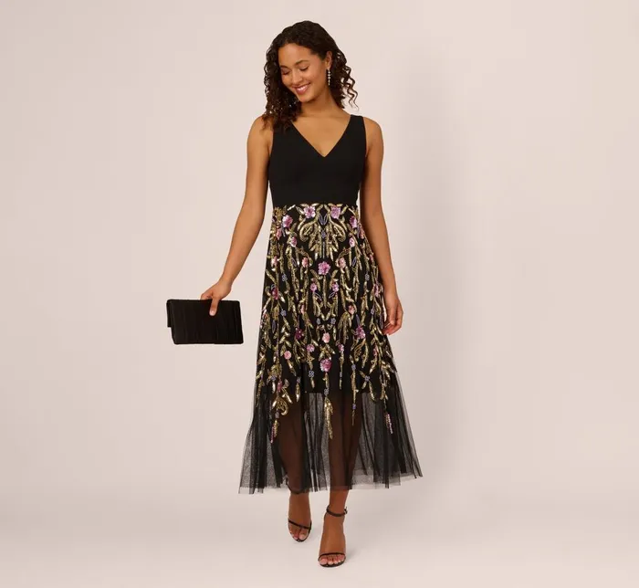 Adrianna Papell Wedding Guest Dresses Sleeveless Crepe Gown With Floral Beaded Skirt In Black Multi 8211 Women