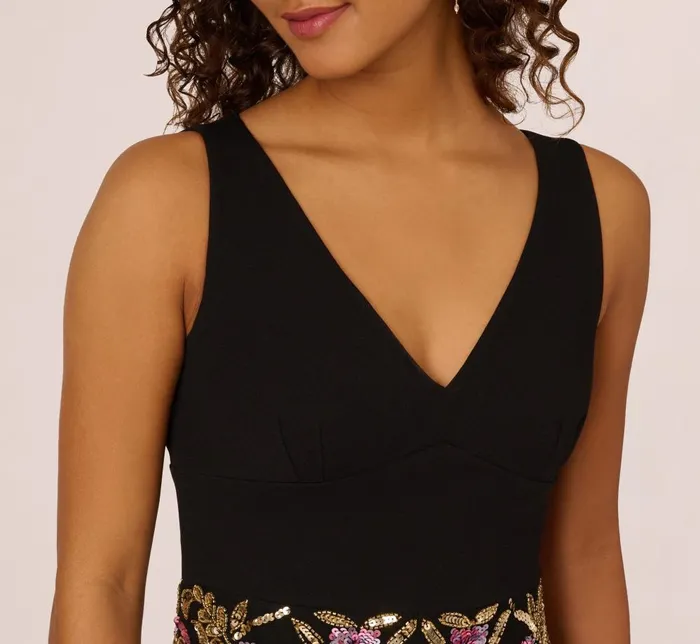 Adrianna Papell Wedding Guest Dresses Sleeveless Crepe Gown With Floral Beaded Skirt In Black Multi 8211 Women