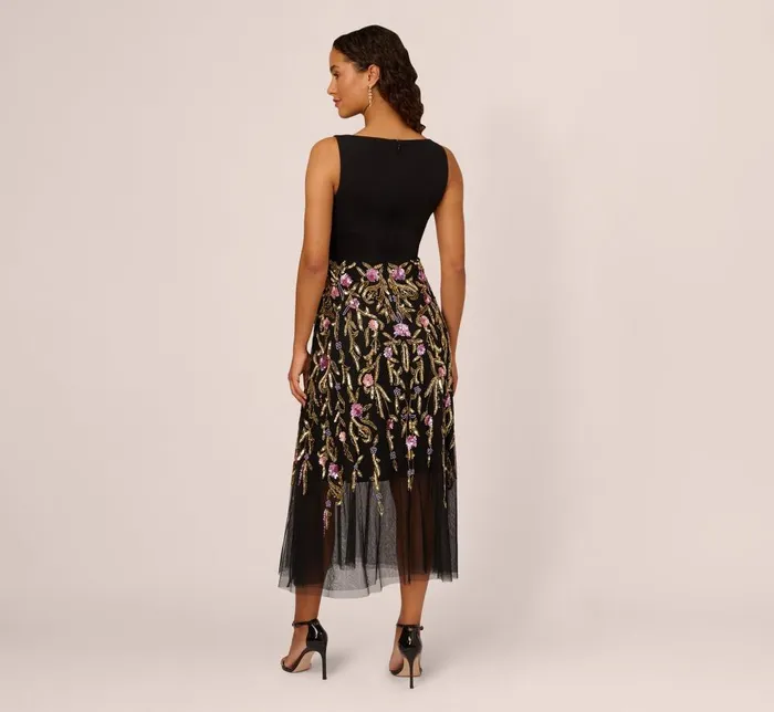 Adrianna Papell Wedding Guest Dresses Sleeveless Crepe Gown With Floral Beaded Skirt In Black Multi 8211 Women