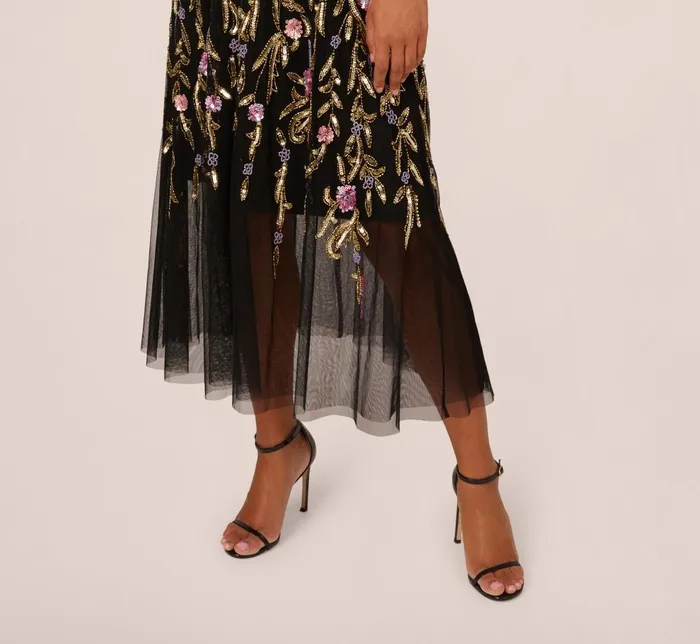 Adrianna Papell Wedding Guest Dresses Sleeveless Crepe Gown With Floral Beaded Skirt In Black Multi 8211 Women