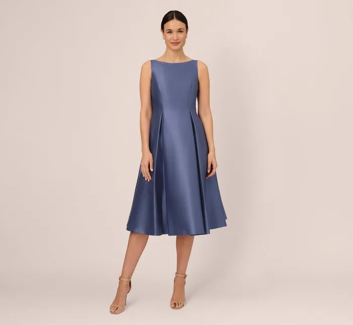Adrianna Papell Wedding Guest Dresses Sleeveless Mikado Fit And Flare Midi Dress With VBack In Blue Frost 8211 Women