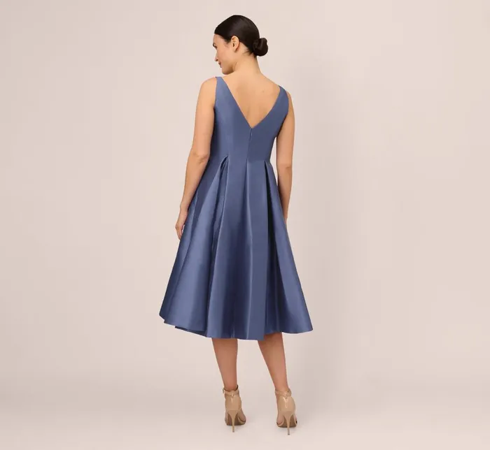 Adrianna Papell Wedding Guest Dresses Sleeveless Mikado Fit And Flare Midi Dress With VBack In Blue Frost 8211 Women