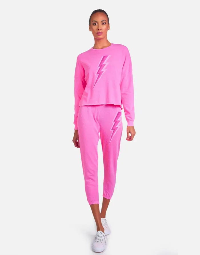Alana X Pink Lightning Bolt Neon Pink Women039s Lauren Moshi Crop Sweatpants