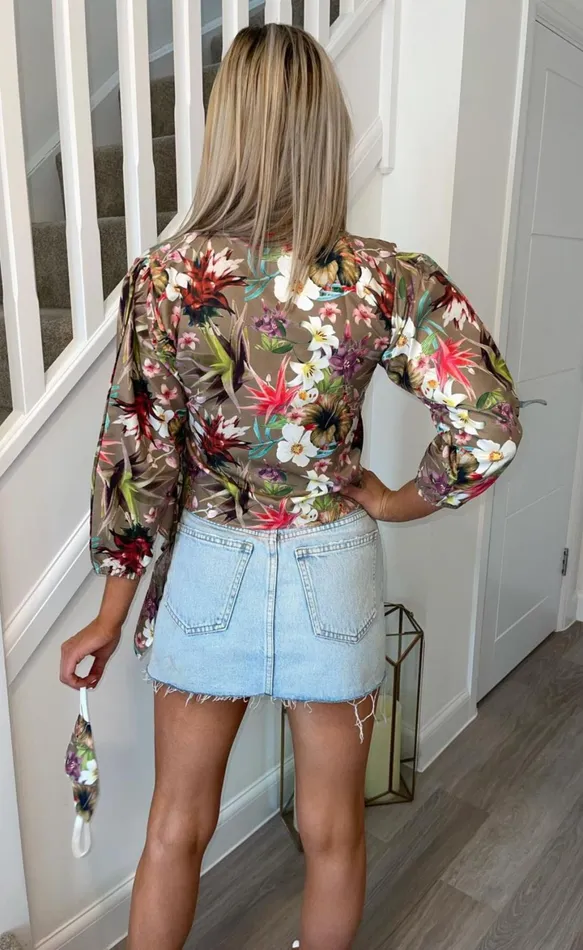 Amiya Sand Wrap Floral Frill Top Women Missfiga Tops