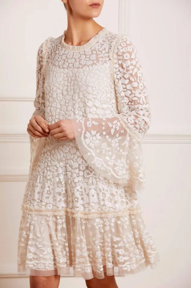 Annie Sequin Tiered Mini Dress Champagne Women Needle and Thread Dresses