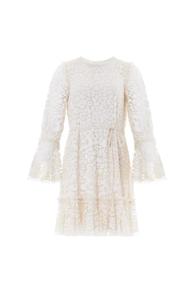 Annie Sequin Tiered Mini Dress Champagne Women Needle and Thread Dresses