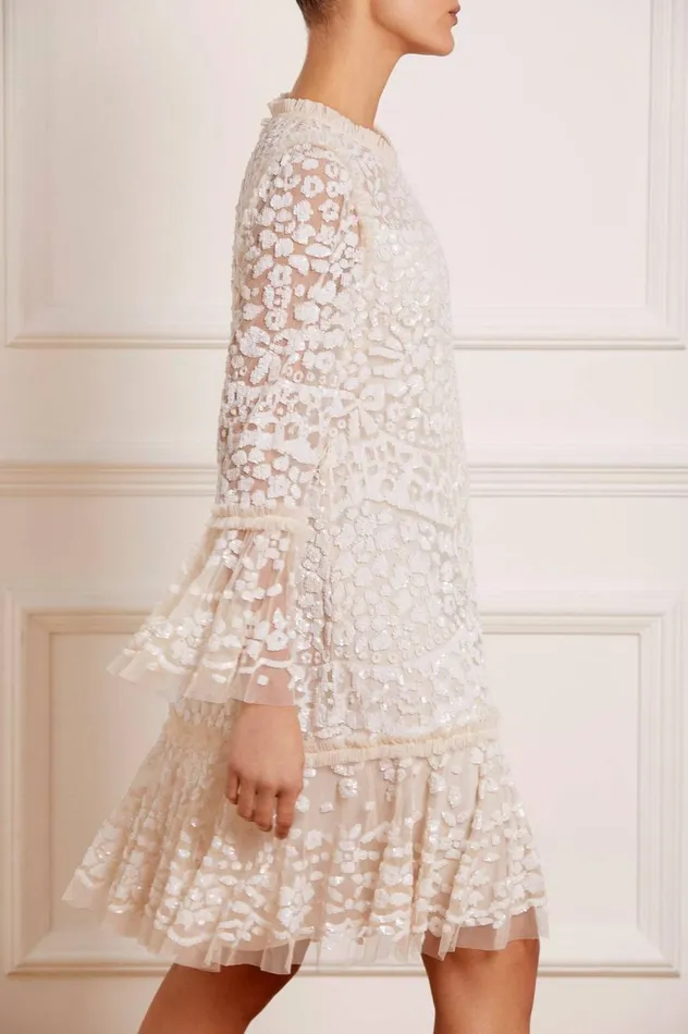 Annie Sequin Tiered Mini Dress Champagne Women Needle and Thread Dresses