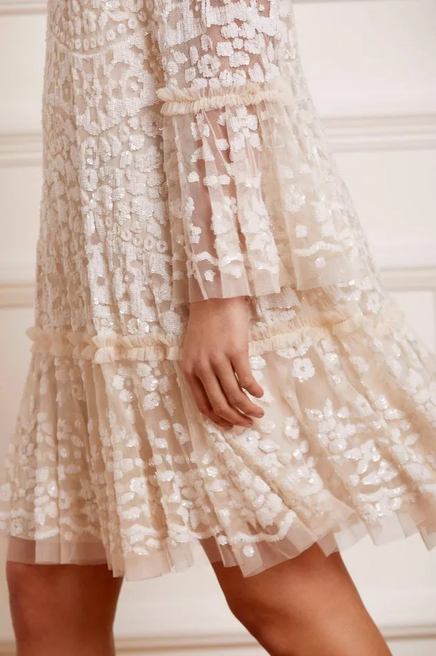 Annie Sequin Tiered Mini Dress Champagne Women Needle and Thread Dresses