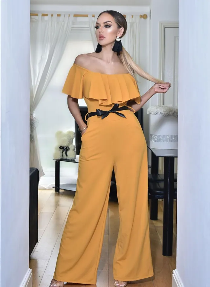 Betty Mustard Off The Shoulder Frill Contrast Belt Flared Leg Jumpsuit Women Missfiga Jumpsuits