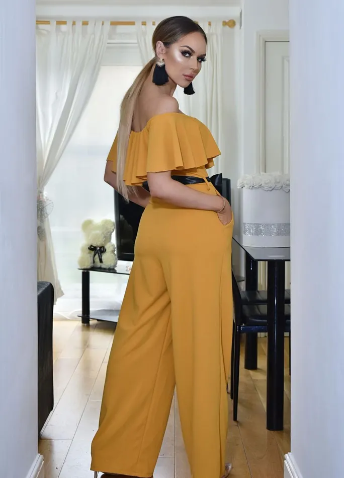 Betty Mustard Off The Shoulder Frill Contrast Belt Flared Leg Jumpsuit Women Missfiga Jumpsuits