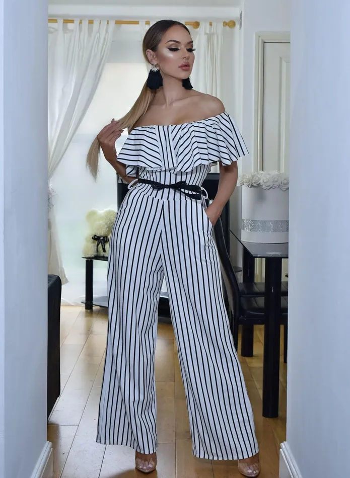 Bianca Pinstripe Off The Shoulder Frill Contrast Belt Flared Leg Jumpsuit Women Missfiga Jumpsuits