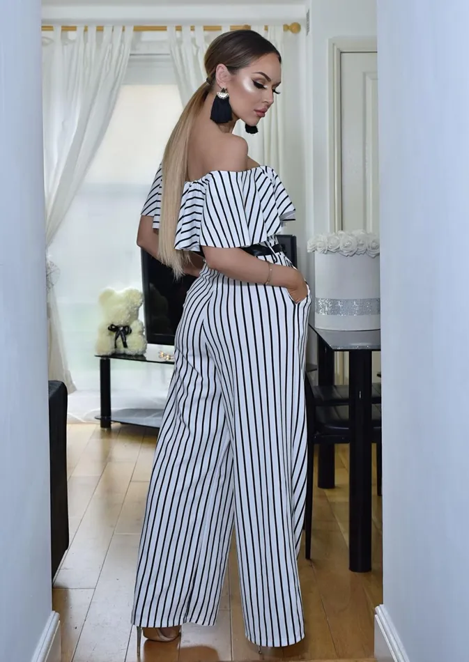Bianca Pinstripe Off The Shoulder Frill Contrast Belt Flared Leg Jumpsuit Women Missfiga Jumpsuits