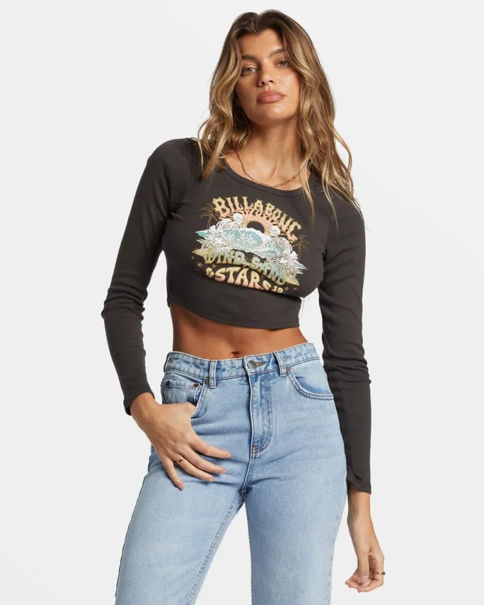 Billabong Graphic Tees and Tanks Stars In Your Eyes Long Sleeve Cropped Tshirt Off Black 8211 Women