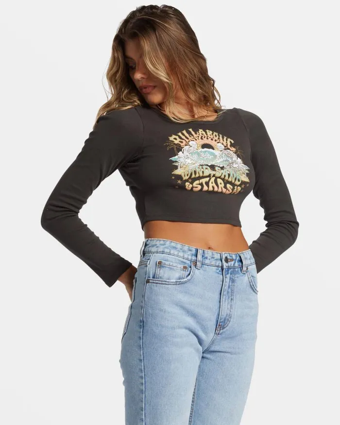 Billabong Graphic Tees and Tanks Stars In Your Eyes Long Sleeve Cropped Tshirt Off Black 8211 Women
