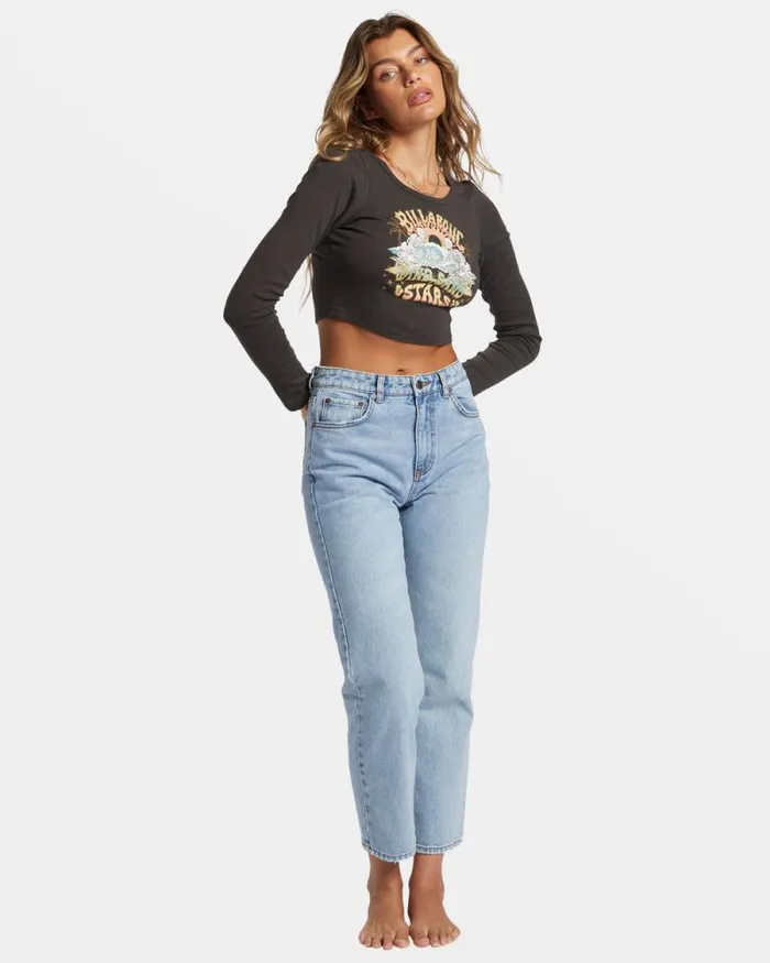 Billabong Graphic Tees and Tanks Stars In Your Eyes Long Sleeve Cropped Tshirt Off Black 8211 Women