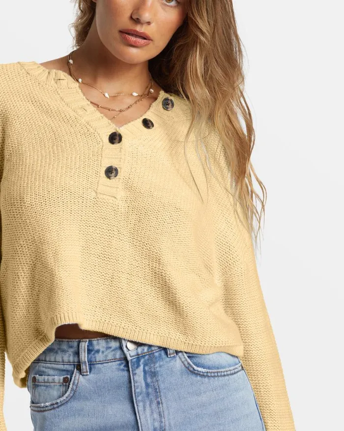 Billabong Sweaters Shallow Waters Henley Sweater Retro Yellow 8211 Women Billabong Sweaters Shallow Waters Henley Sweater Retro Yellow 8211 Women