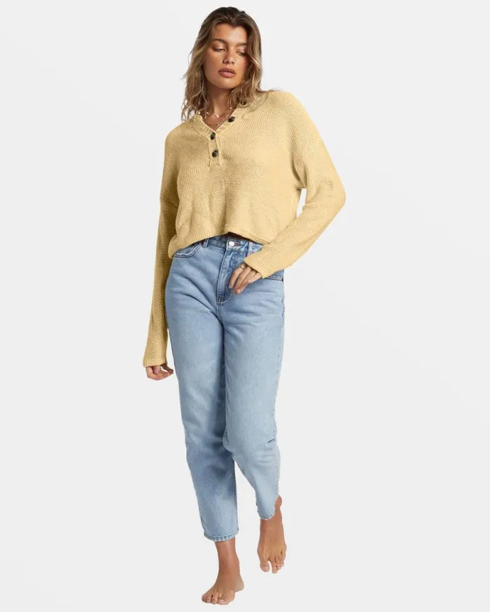 Billabong Sweaters Shallow Waters Henley Sweater Retro Yellow 8211 Women Billabong Sweaters Shallow Waters Henley Sweater Retro Yellow 8211 Women