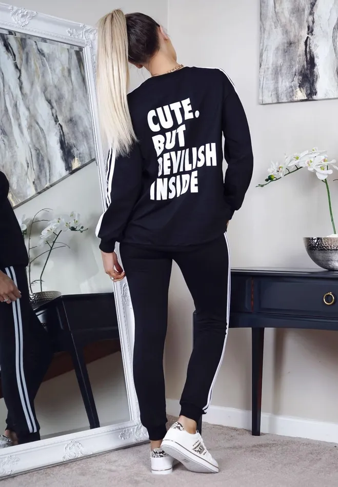 Black 039Cute But Devilish039 Stripe Tracksuit Women Missfiga LoungewearTracksuits