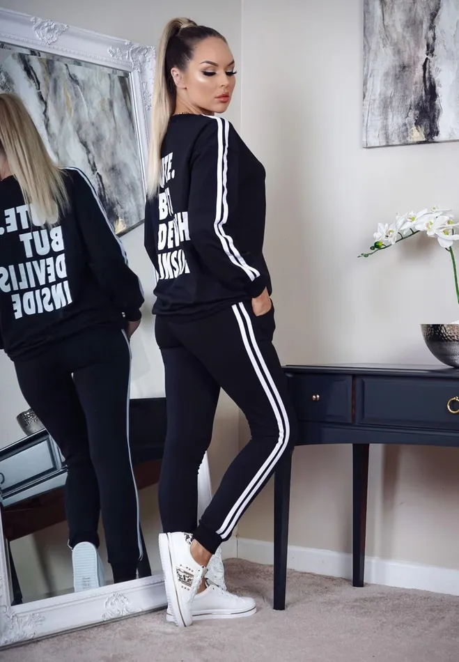 Black 039Cute But Devilish039 Stripe Tracksuit Women Missfiga LoungewearTracksuits Black 039Cute But Devilish039 Stripe Tracksuit Women Missfiga LoungewearTracksuits