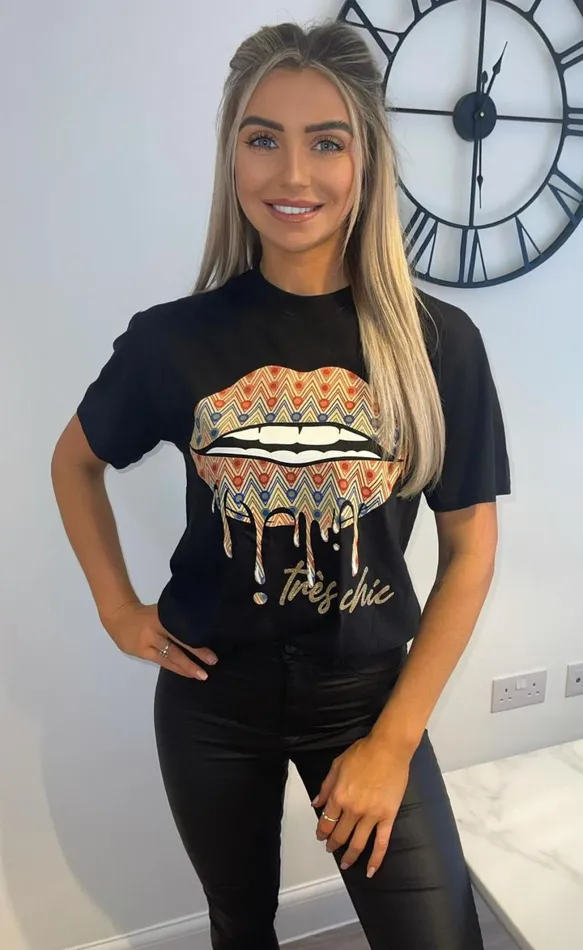 Black 039Tres Chic039 Lips Graphic TShirt Women Missfiga Tops Black 039Tres Chic039 Lips Graphic TShirt Women Missfiga Tops