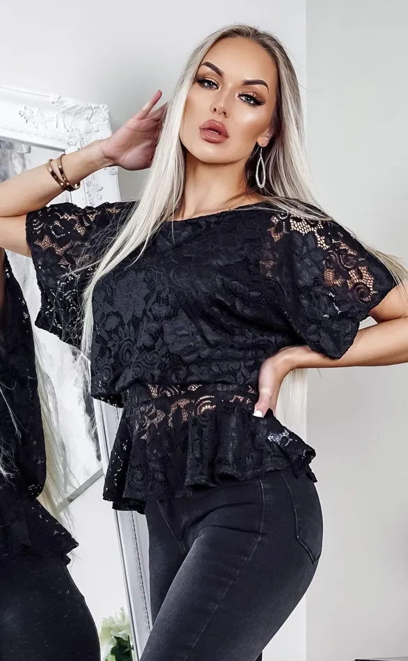 Black Lace Ruby Batwing Peplum Top Women Missfiga Tops