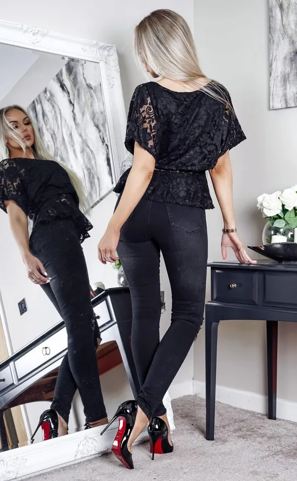 Black Lace Ruby Batwing Peplum Top Women Missfiga Tops