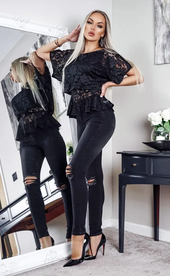 Black Lace Ruby Batwing Peplum Top Women Missfiga Tops