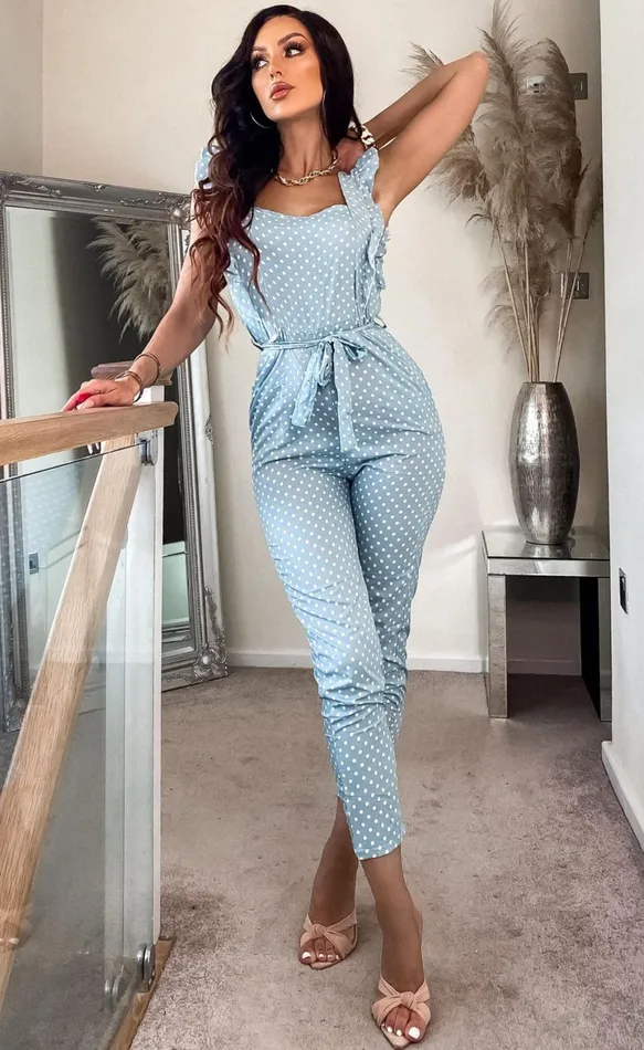 Blue Ronnie Polka Dot Frill Jumpsuit Women Missfiga Jumpsuits