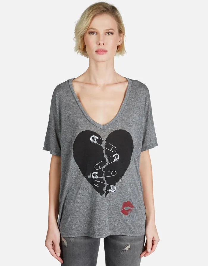 Brixton Safety Pin Heart Heather Grey Women039s Lauren Moshi Short Sleeve