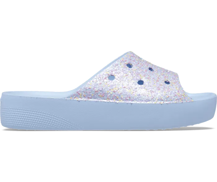 Classic Platform Glitter Slide Blue Calcite Multi Women Crocs Slides