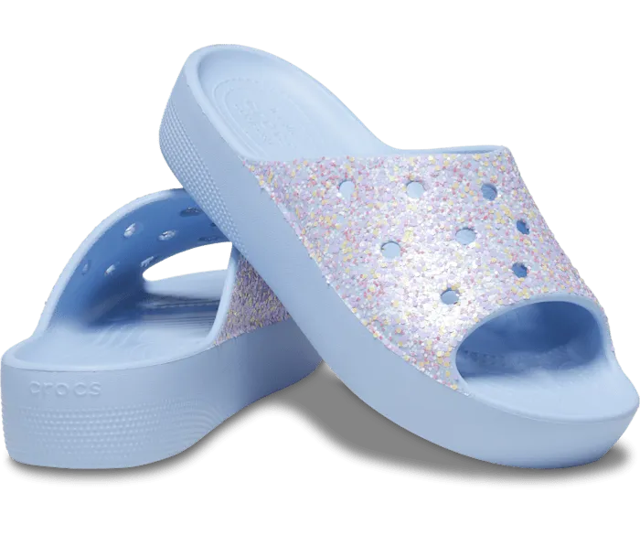 Classic Platform Glitter Slide Blue Calcite Multi Women Crocs Slides