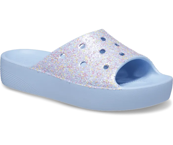 Classic Platform Glitter Slide Blue Calcite Multi Women Crocs Slides