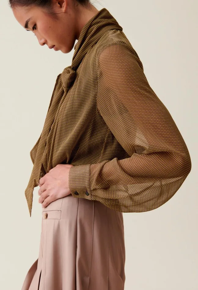 Claudie Pierlot Fluid Check TieNeck Blouse Yellow Women Tops And Shirts