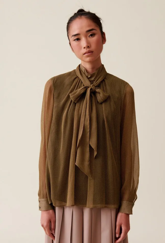 Claudie Pierlot Fluid Check TieNeck Blouse Yellow Women Tops And Shirts Claudie Pierlot Fluid Check TieNeck Blouse Yellow Women Tops And Shirts