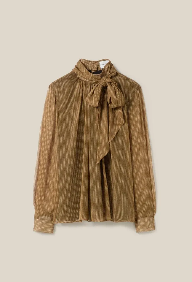 Claudie Pierlot Fluid Check TieNeck Blouse Yellow Women Tops And Shirts Claudie Pierlot Fluid Check TieNeck Blouse Yellow Women Tops And Shirts